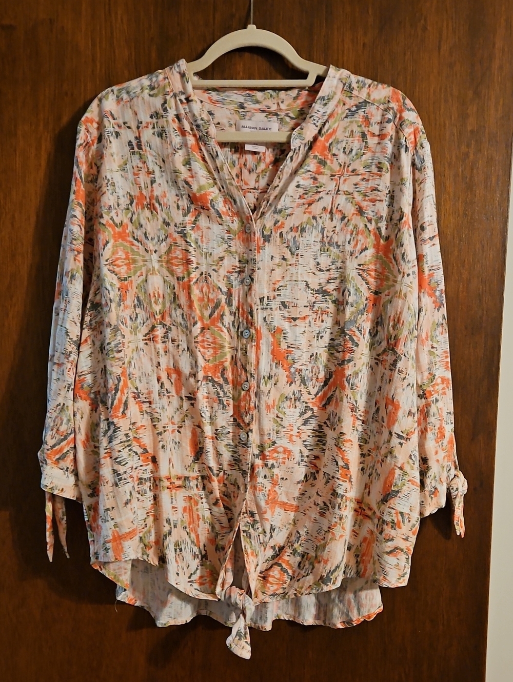 Allison Daley Peach Green Cream Printed Button-Front Shirt 3/4 Slv Sz 3X